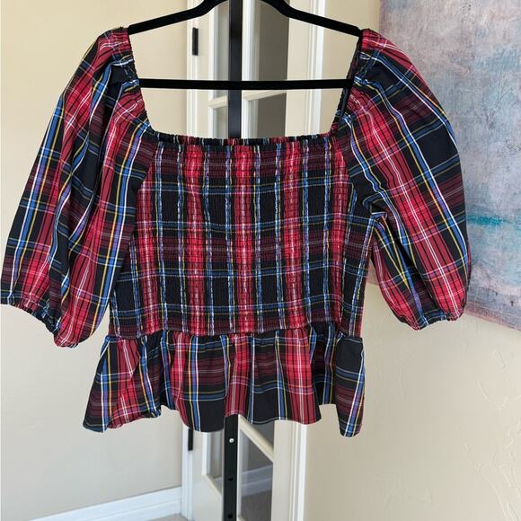 Draper James RSVP Plaid Smocked Peplum Top Women’s XL Puff Sleeve Square Neck - Picture 3 of 5